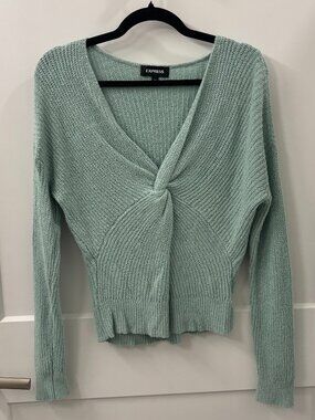 Express Sweater Women Small Pastel Cable Knit V-Neck Center Knot Long Sleeve